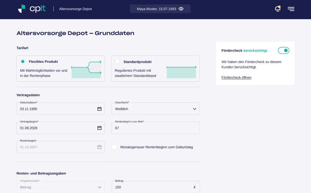 cpit.LV Vergleichsrechner: Grunddaten des Altersvorsorge-Depots