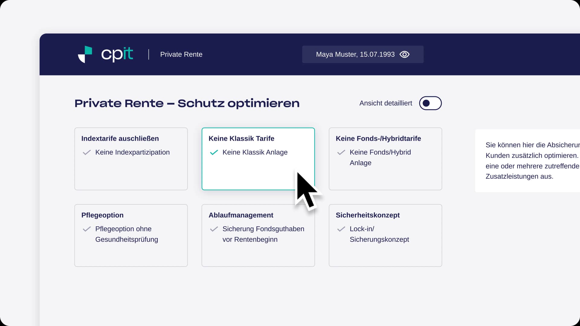 Benutzeroberfläche einer privaten Rentenversicherung mit Tarifen und Optimierungsoptionen