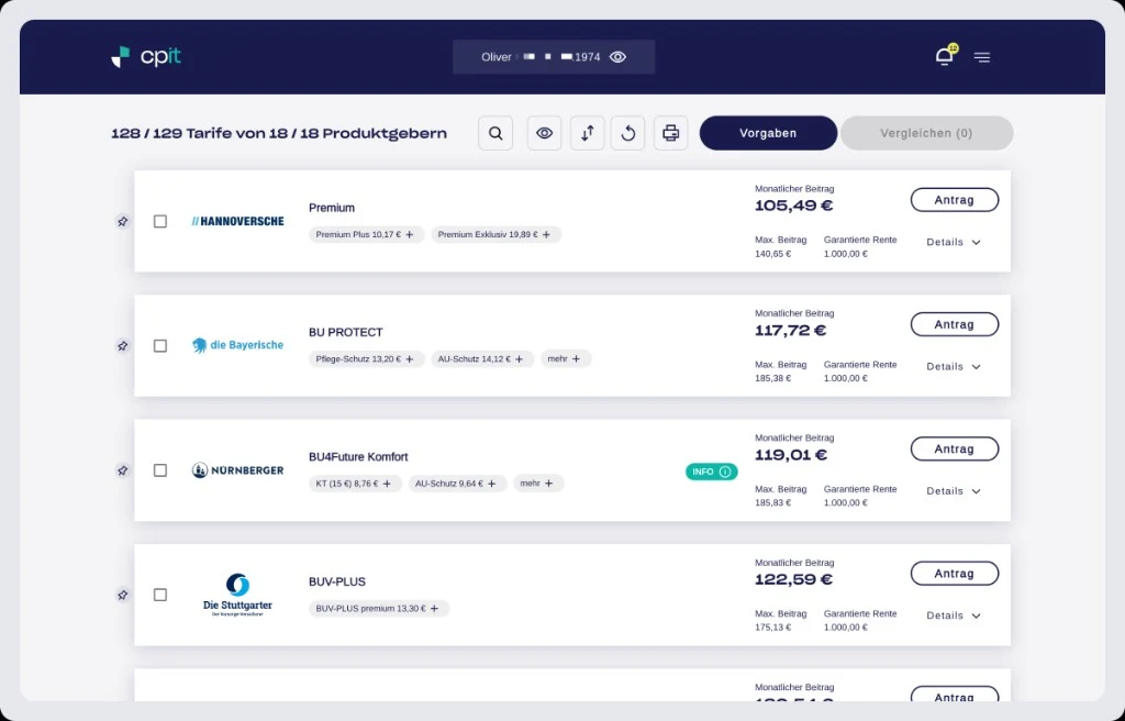 cpit.APP Ergebnisliste – Lebensversicherungsvergleich
