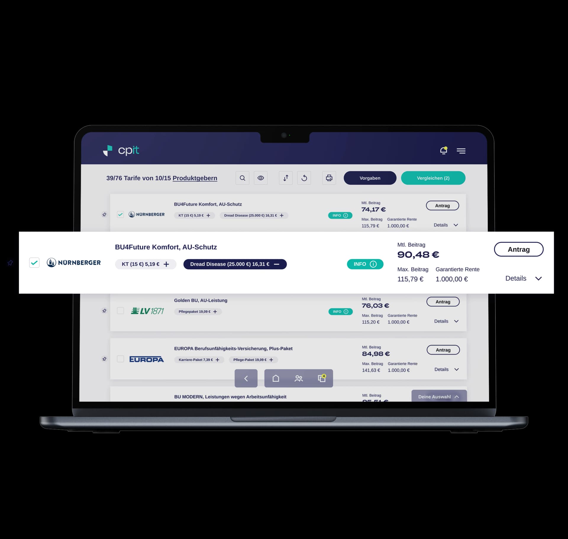 cpit Plattform – Ergebnisliste mit Tarifbausteinen