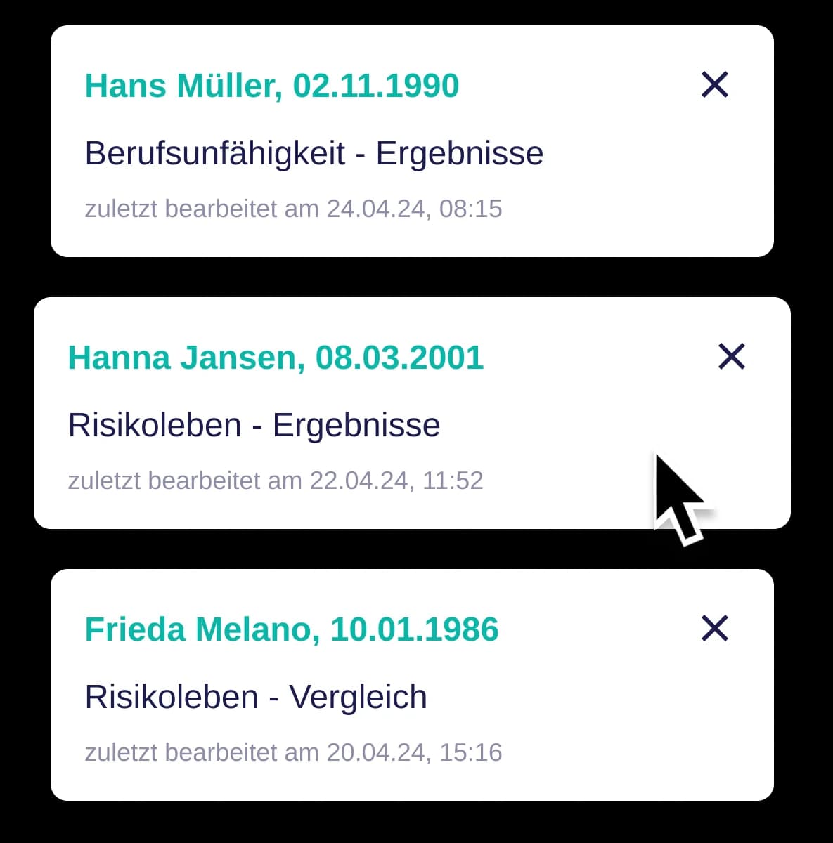 Offene Vorgänge – Karten mit Kundendaten und Bearbeitungsstand