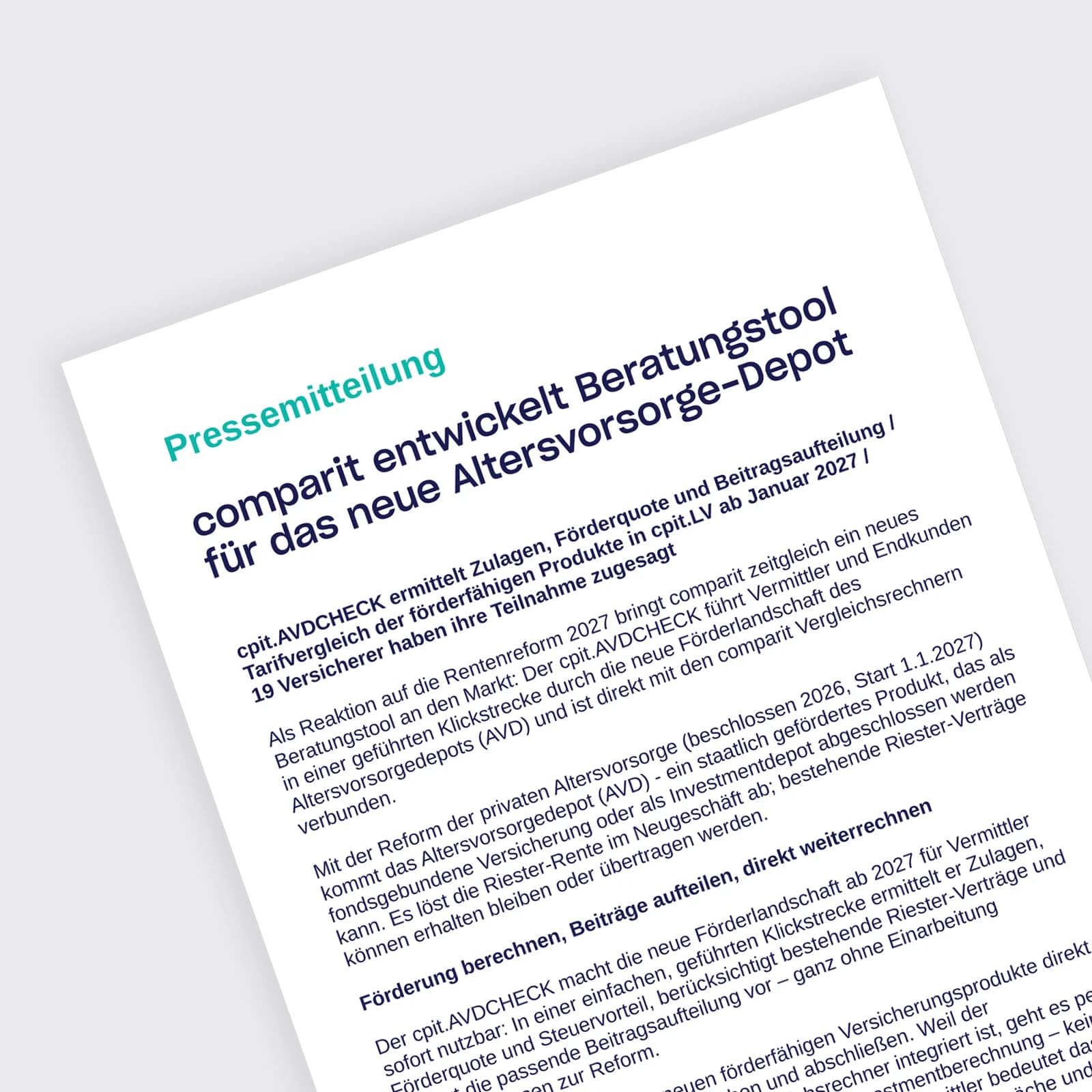 Pressemitteilung: comparit entwickelt Beratungstool für das neue Altersvorsorge-Depot